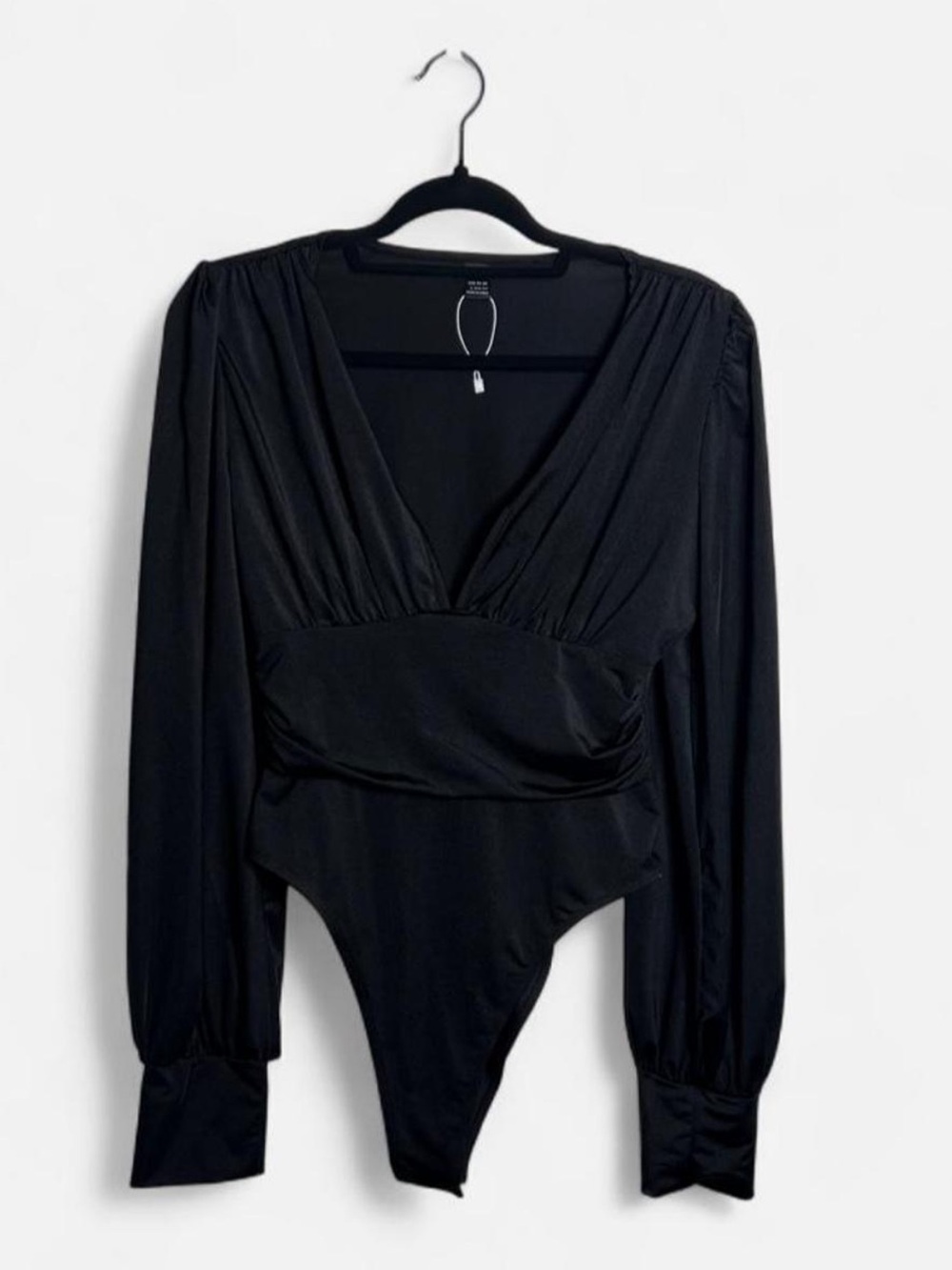 SHEIN Black Deep V-Neck Ruched Bodysuit with Long Billowy/Draped Sleeves.